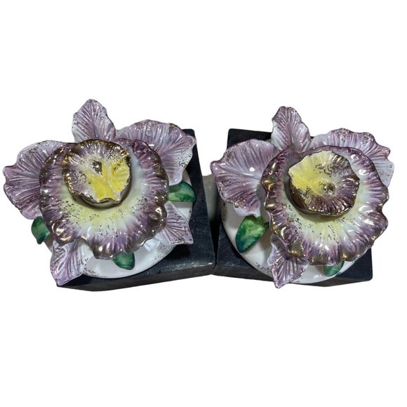 Vtg Set of 2 Commodore Japan Porcelain Purple Flower Candle Holders w/ Stoppers - Picture 3 of 9